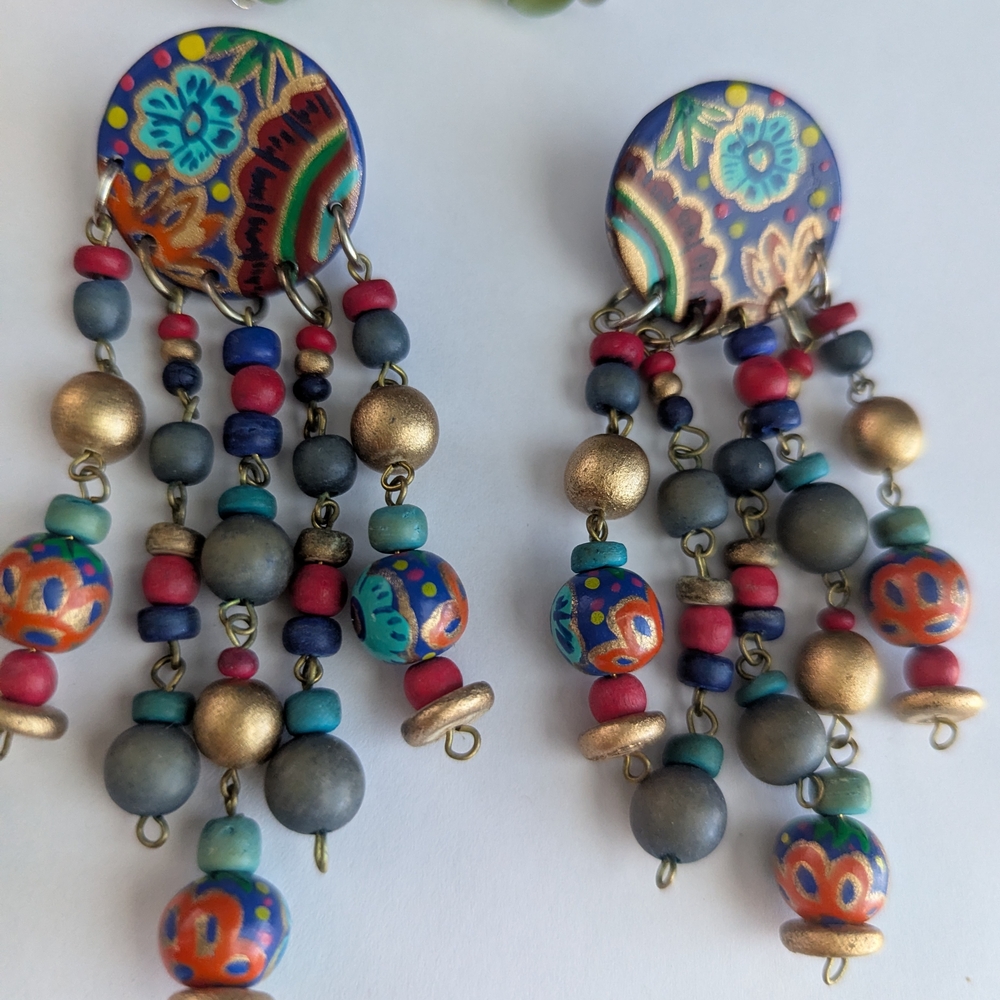 Lot Multicolor Beaded Statement Dangle Earrings -… - image 2